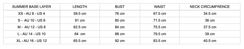 Sleeveless Summer Base Layer Size Chart